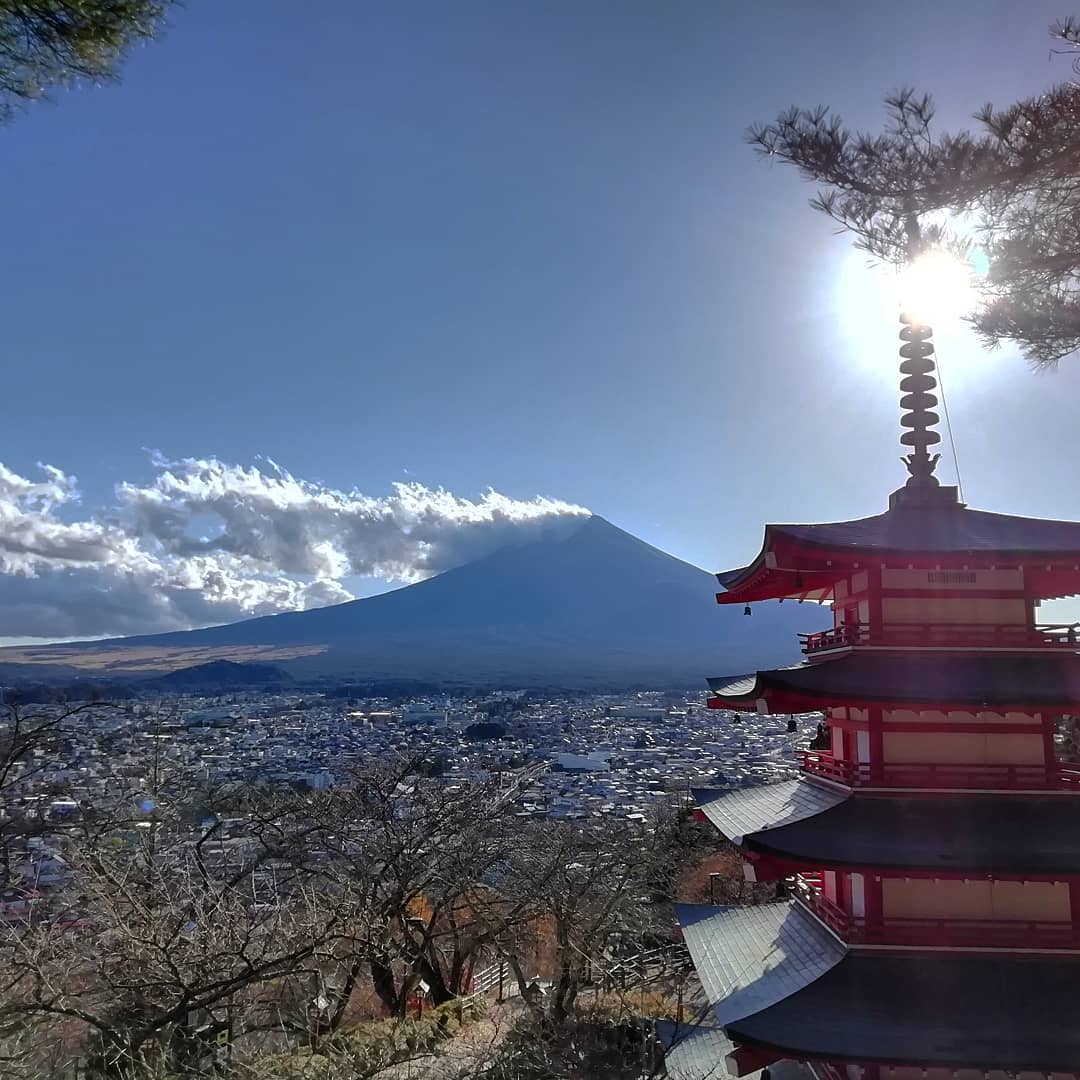 Classic photo of Mount Fuji from Chureito Pagoda in Fujiyoshida