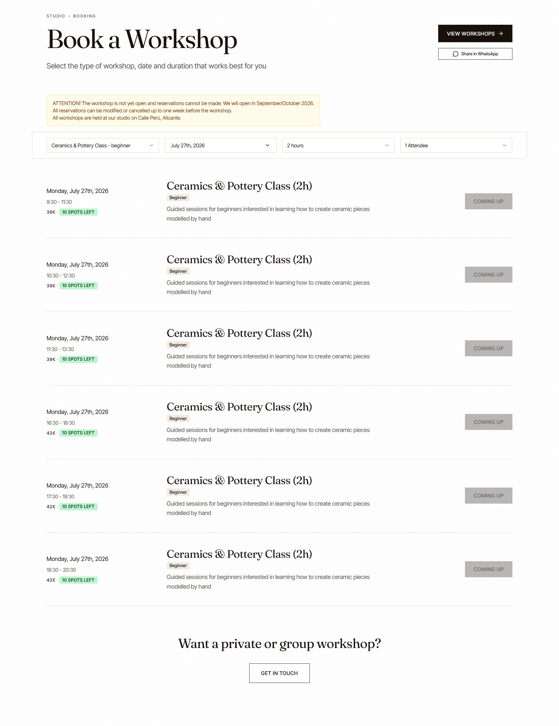 Workshop listing page
